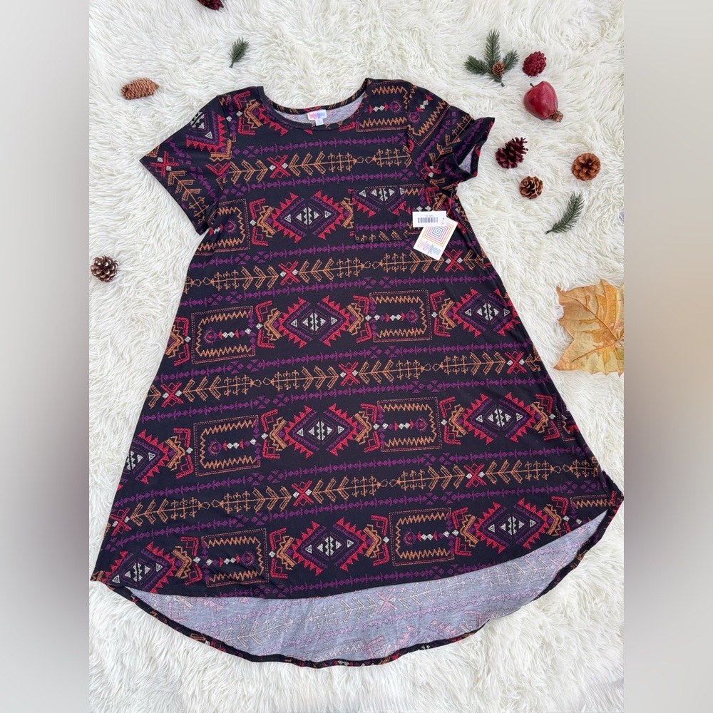 LuLaRoe casual dress with an A-line cut and an all-over print.